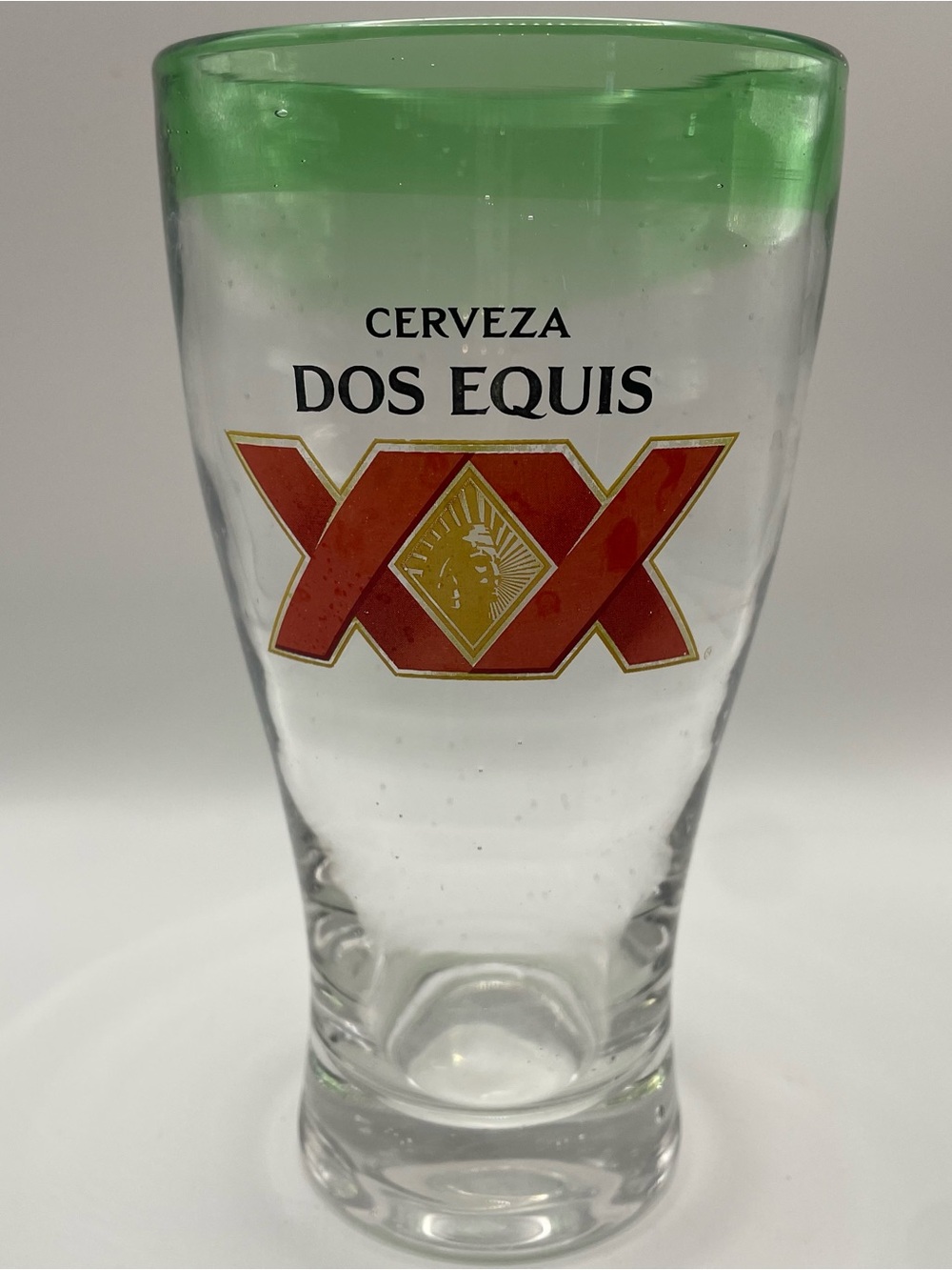 Dos Equis XX Cerveza Beer Pint Glass Green Rim Clear Handmade